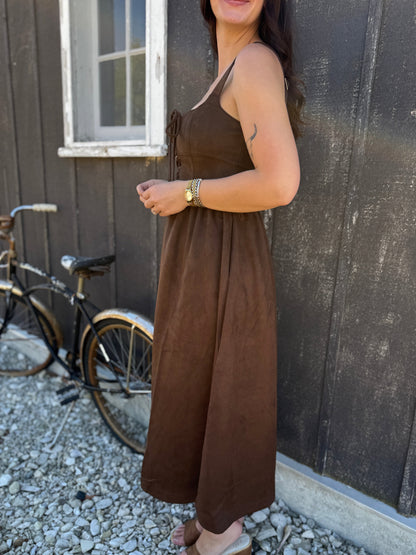 Lace Up Front Suede Midi Dress Brown