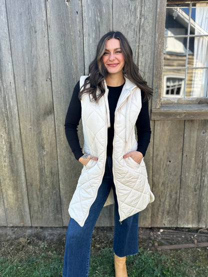 Long Quilted Puffer Vest with Hood Ivory