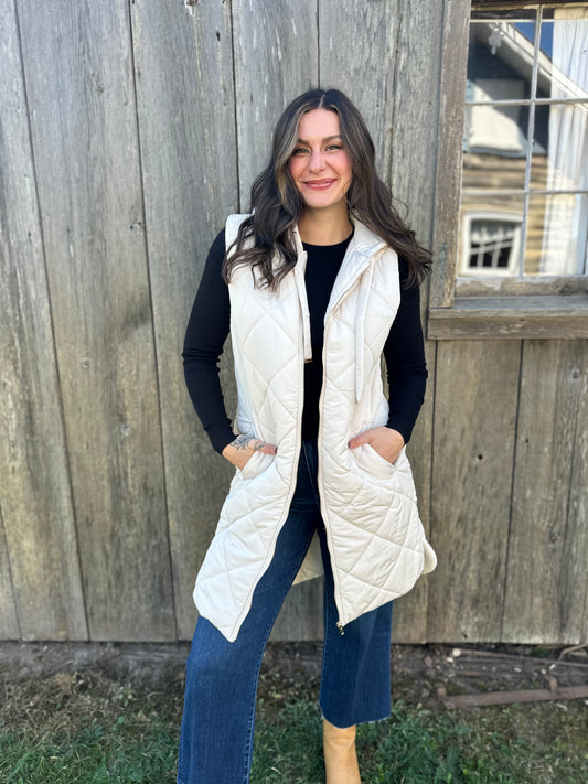 Long Quilted Puffer Vest with Hood Ivory