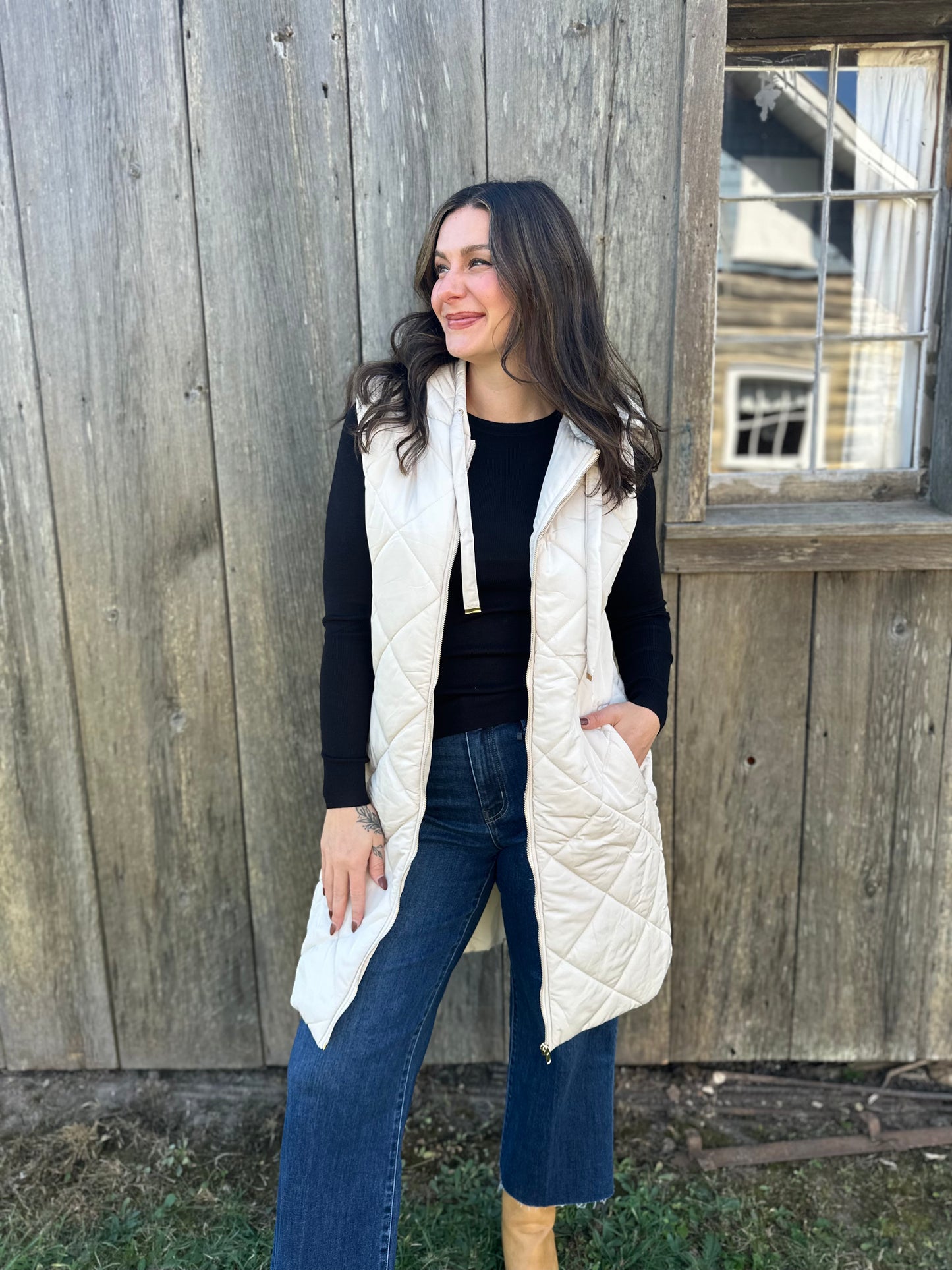 Long Quilted Puffer Vest with Hood Ivory