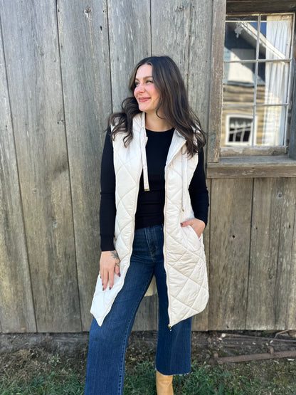 Long Quilted Puffer Vest with Hood Ivory