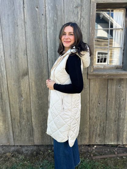 Long Quilted Puffer Vest with Hood Ivory