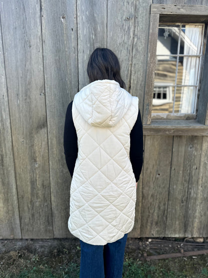 Long Quilted Puffer Vest with Hood Ivory