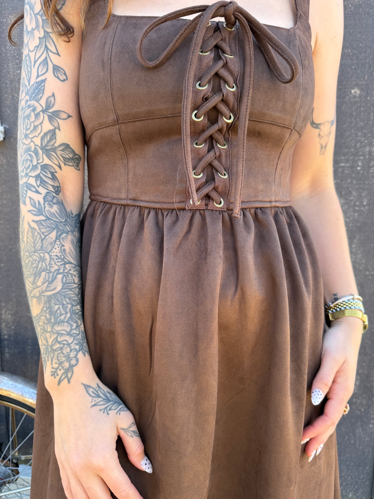 Lace Up Front Suede Midi Dress Brown
