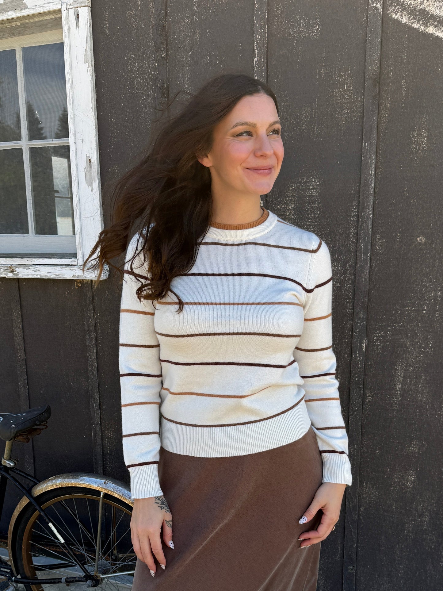 Double Layered Look Stripe Sweater Ivory