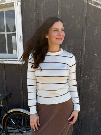 Double Layered Look Stripe Sweater Ivory