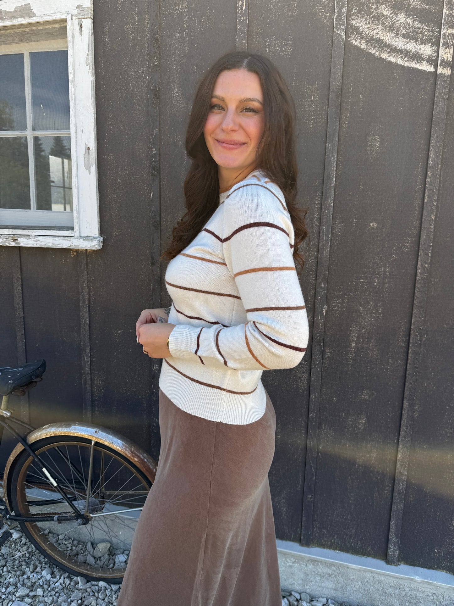 Double Layered Look Stripe Sweater Ivory
