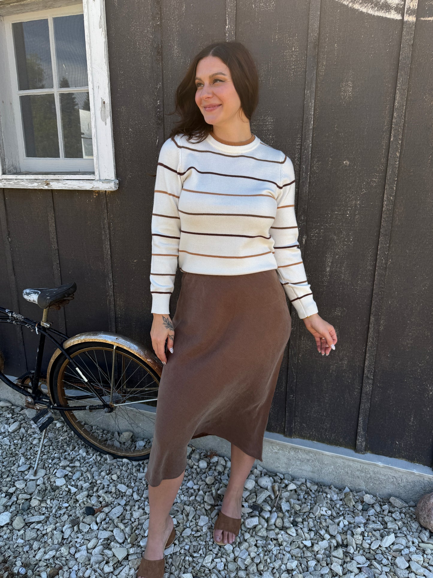 Silky Suede Feel Midi Skirt Brown