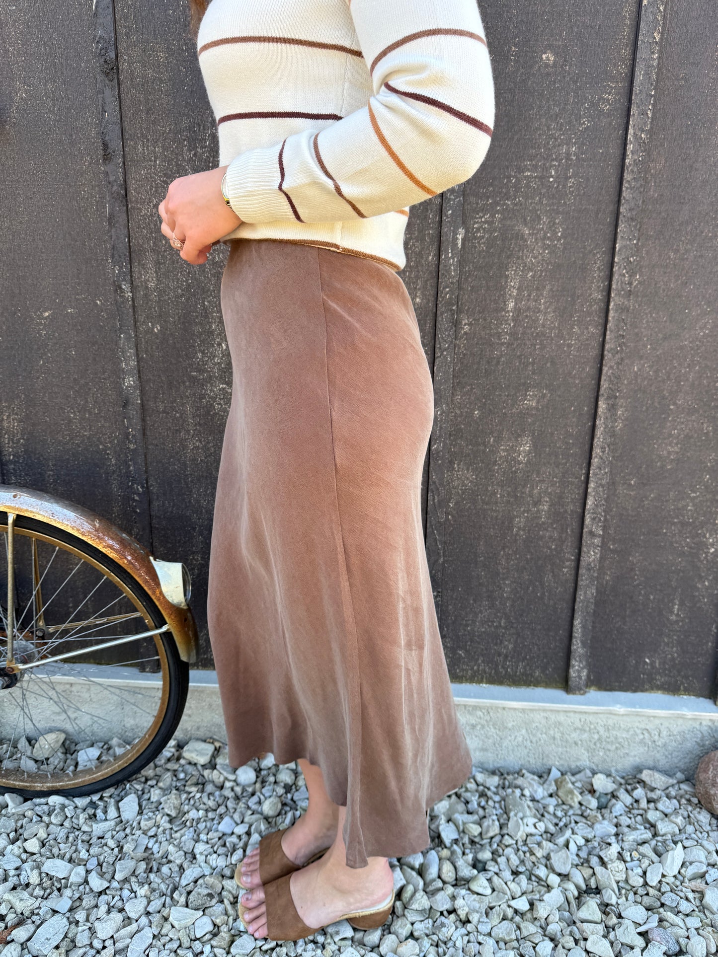 Silky Suede Feel Midi Skirt Brown