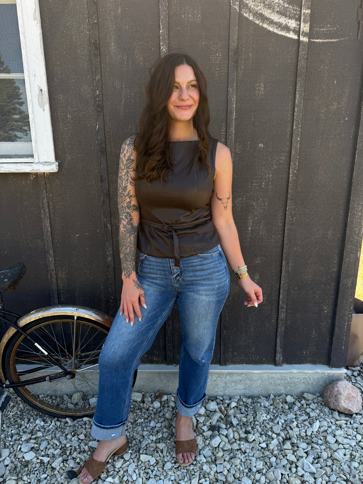 Belted Waist Pintuck Peplum Top Brown