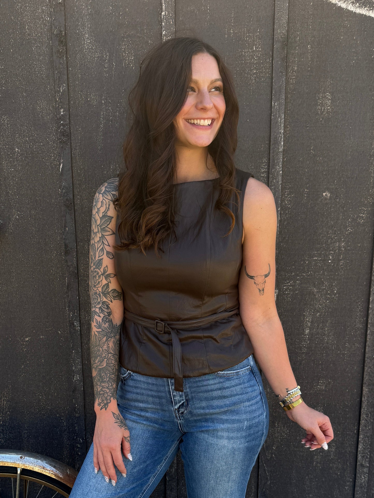 Belted Waist Pintuck Peplum Top Brown
