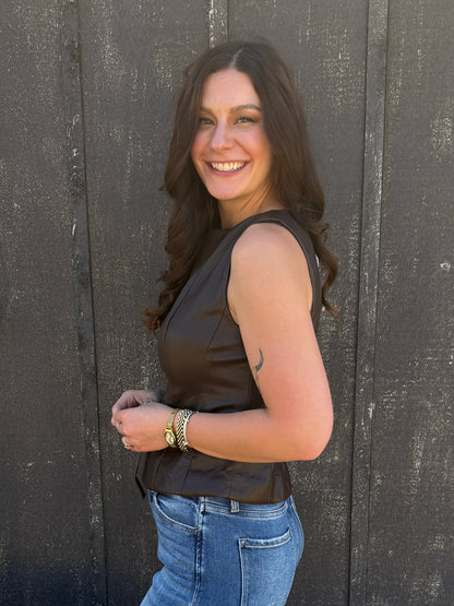 Belted Waist Pintuck Peplum Top Brown
