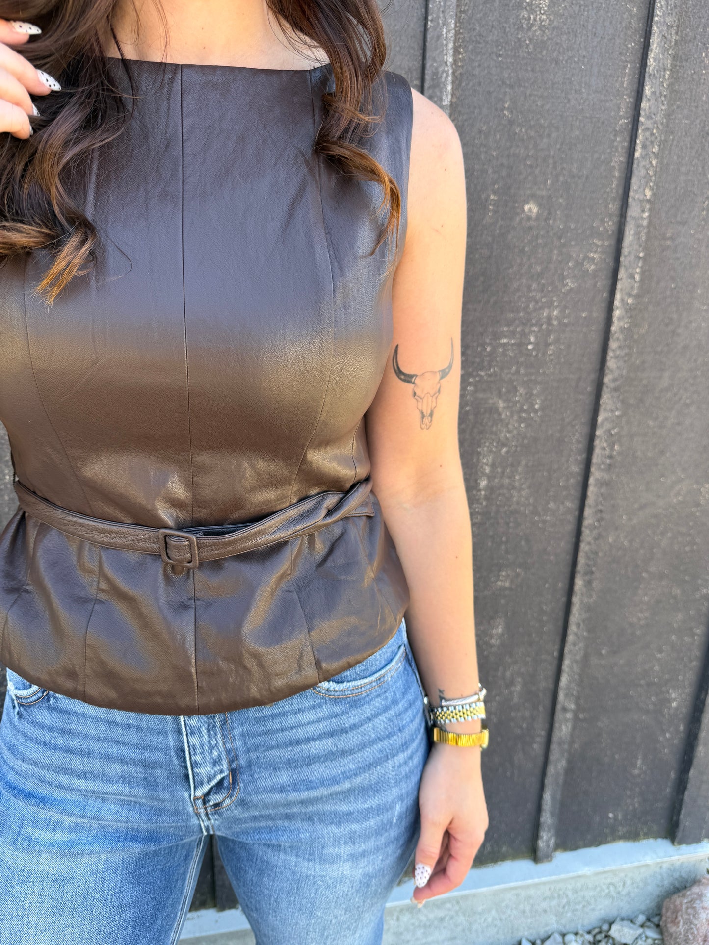 Belted Waist Pintuck Peplum Top Brown