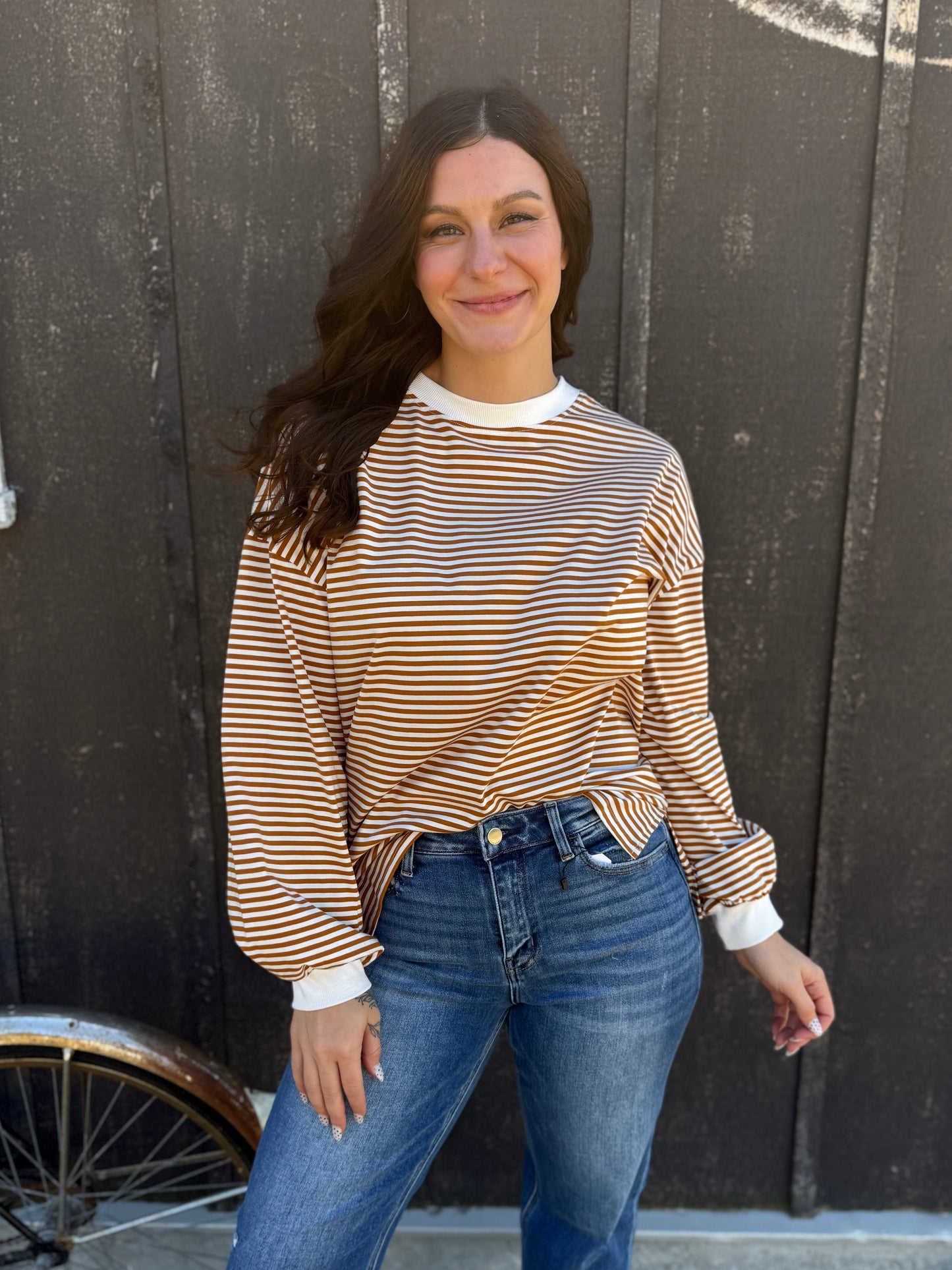 Long Sleeve Striped Tee Brown