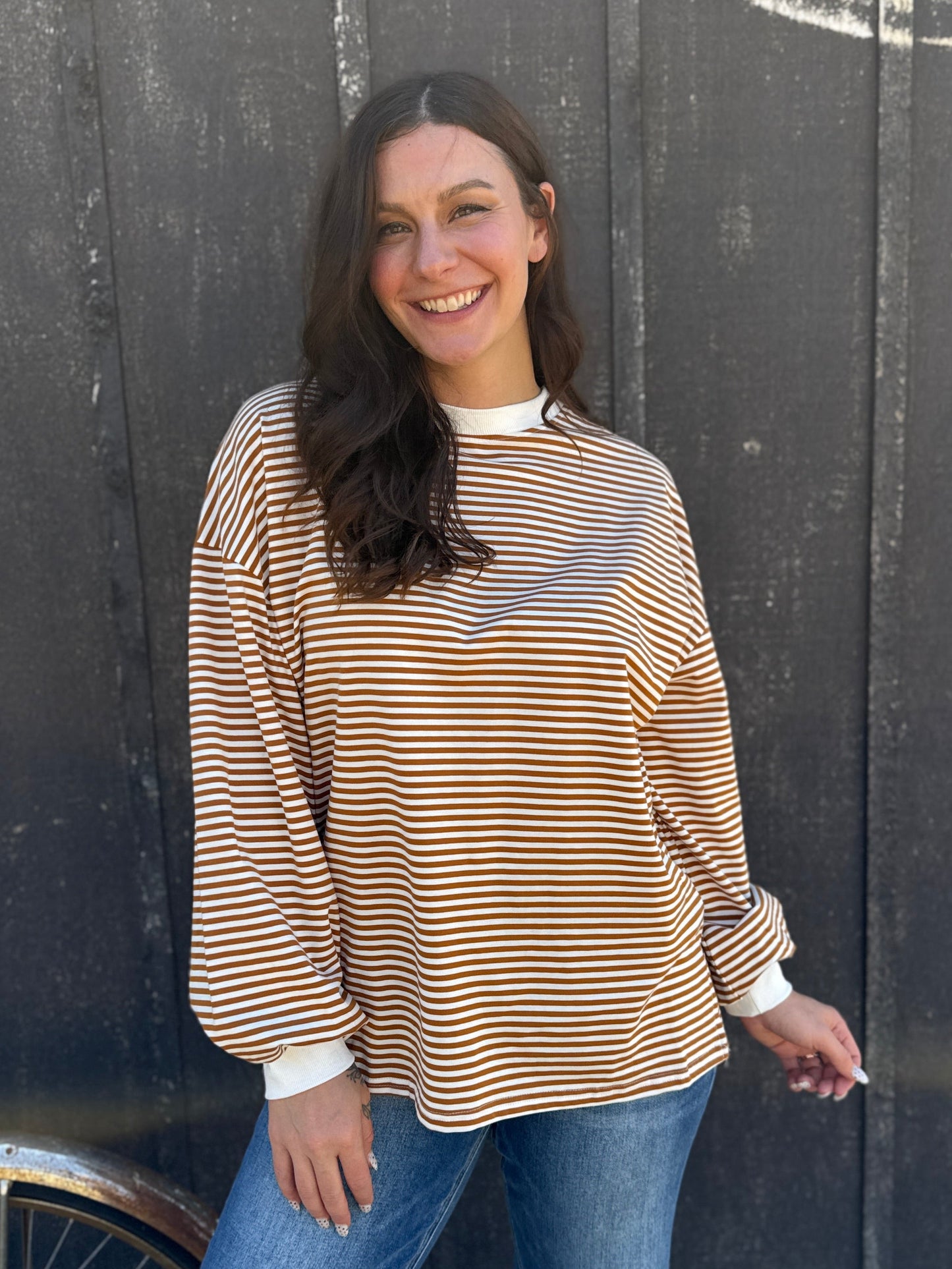 Long Sleeve Striped Tee Brown