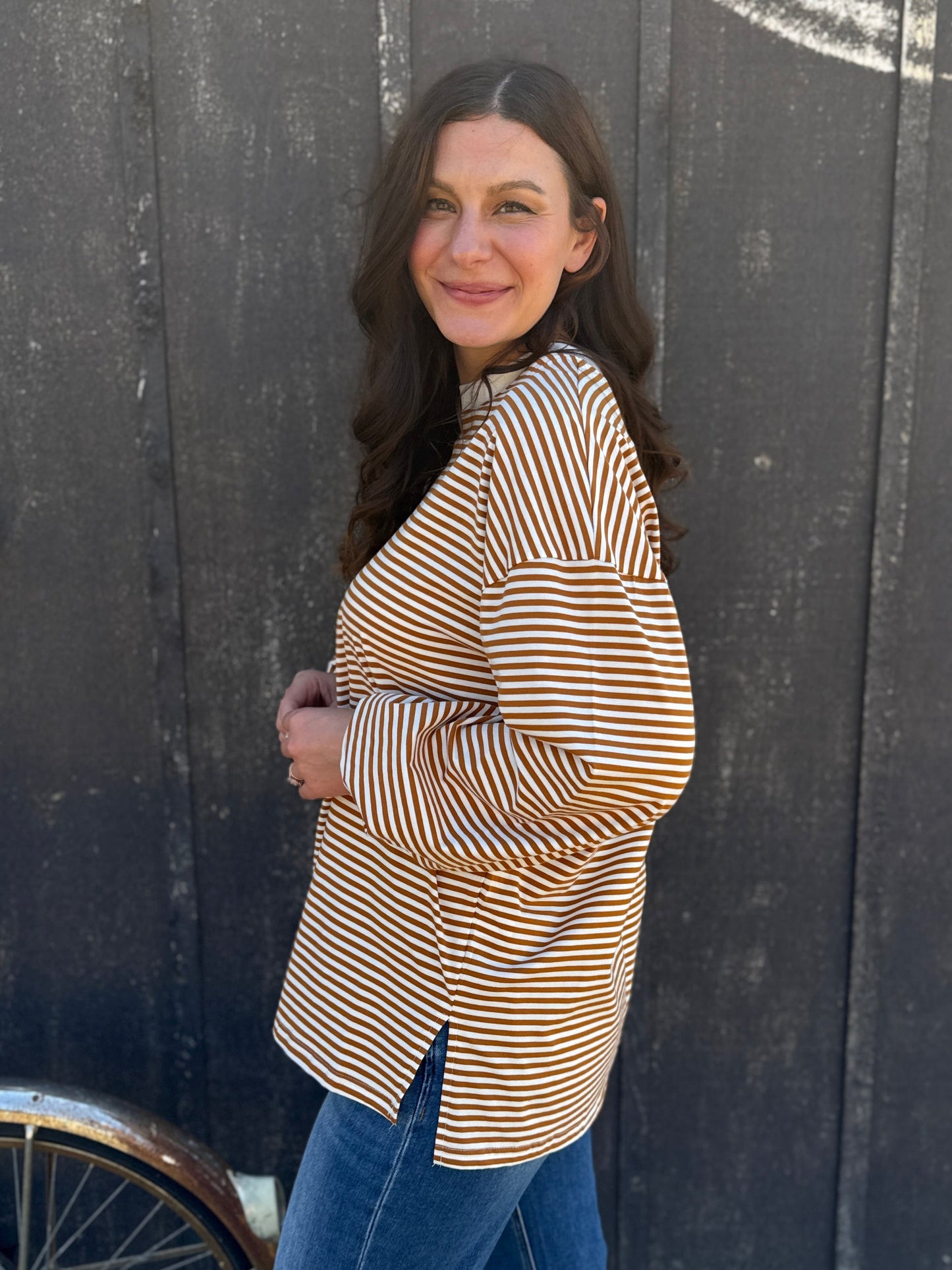 Long Sleeve Striped Tee Brown