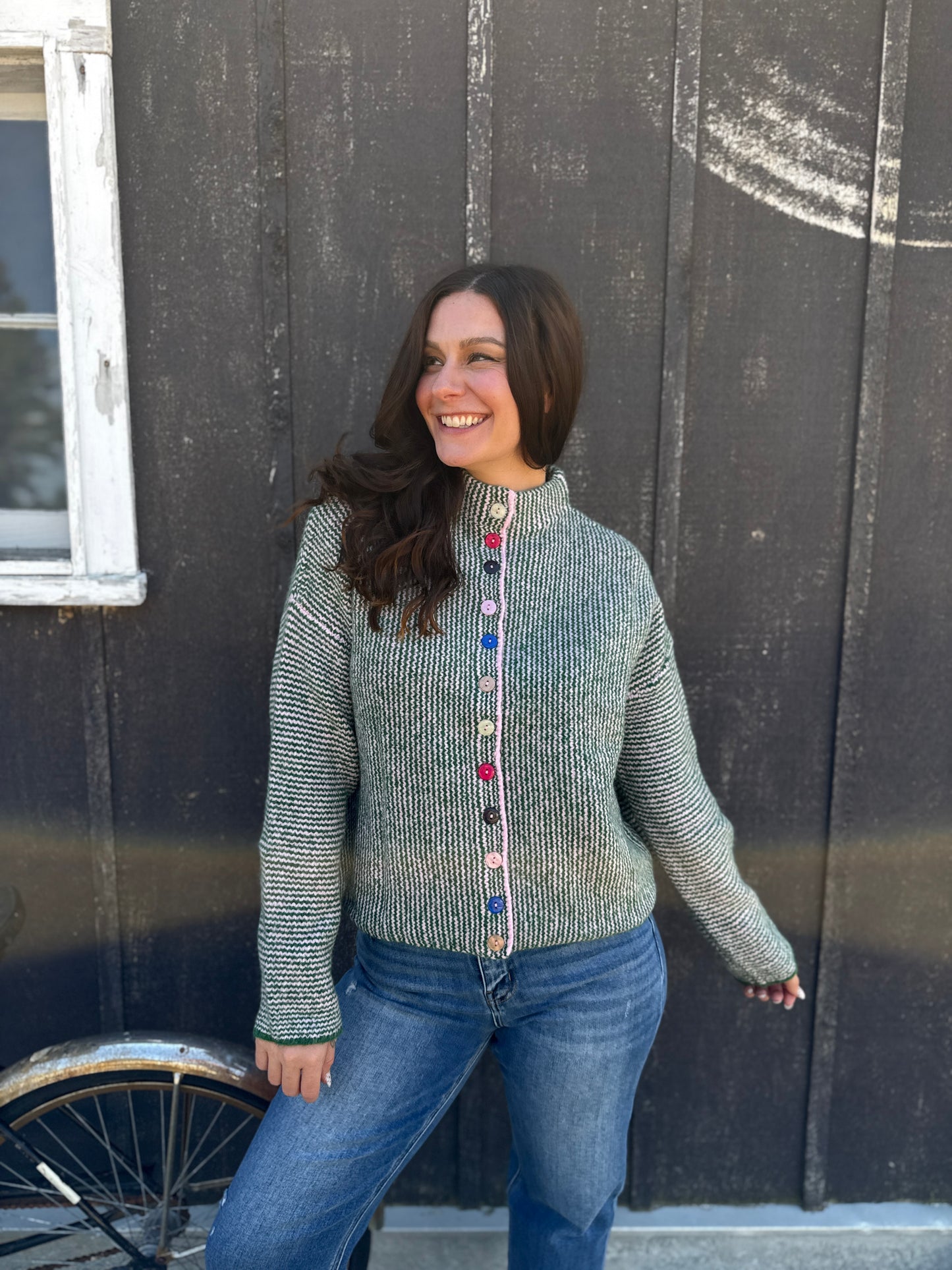 Stripe Multi Color Button Up Cardigan Green