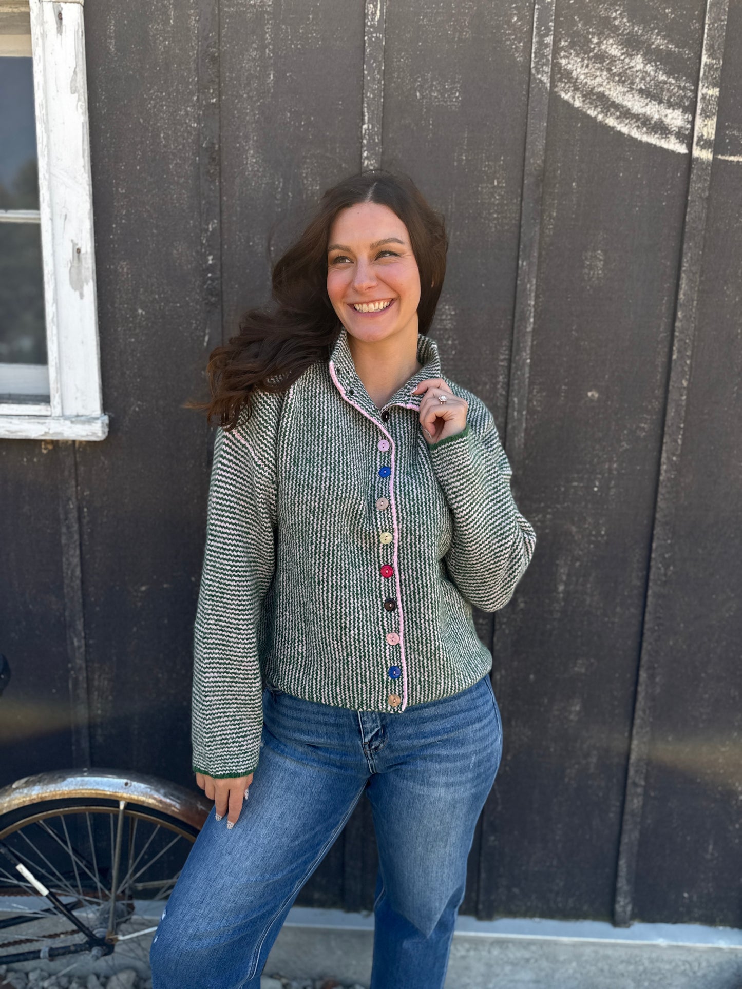 Stripe Multi Color Button Up Cardigan Green