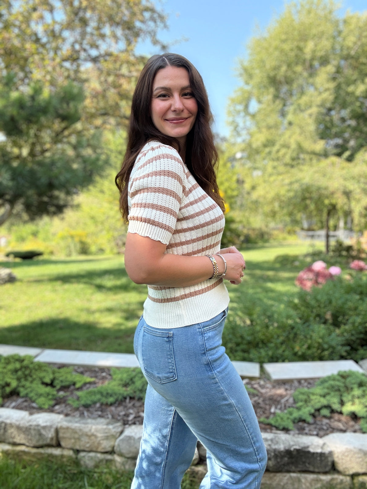 Striped Scallop Edge Puff Sleeve Knit Top