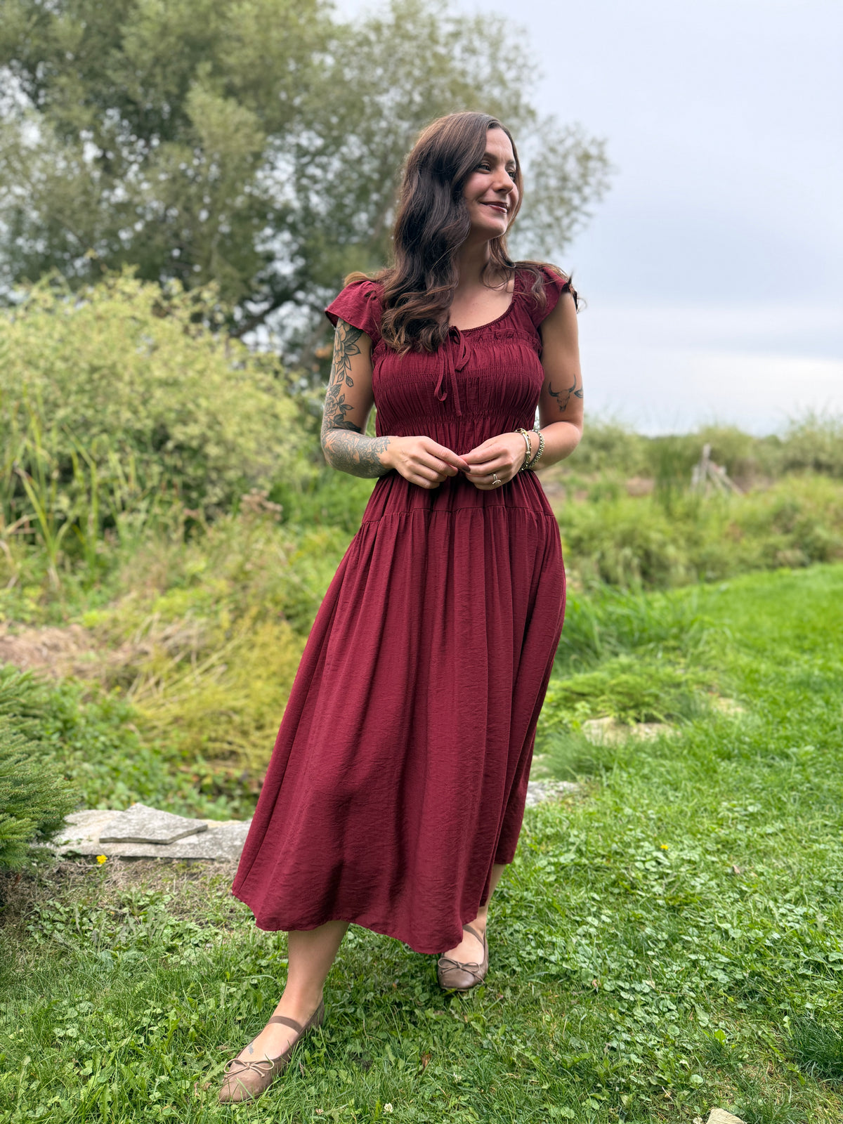 Ruffle Sleeve Midi Dress Burgundy