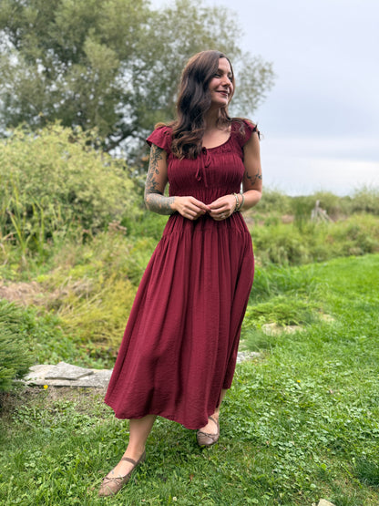 Ruffle Sleeve Midi Dress Burgundy