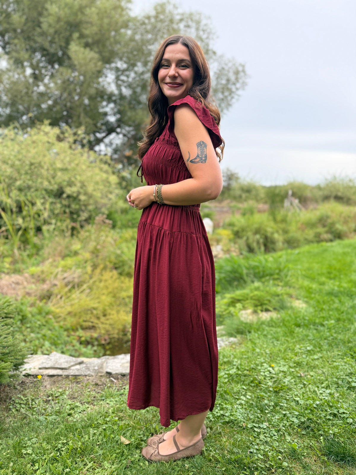 Ruffle Sleeve Midi Dress Burgundy