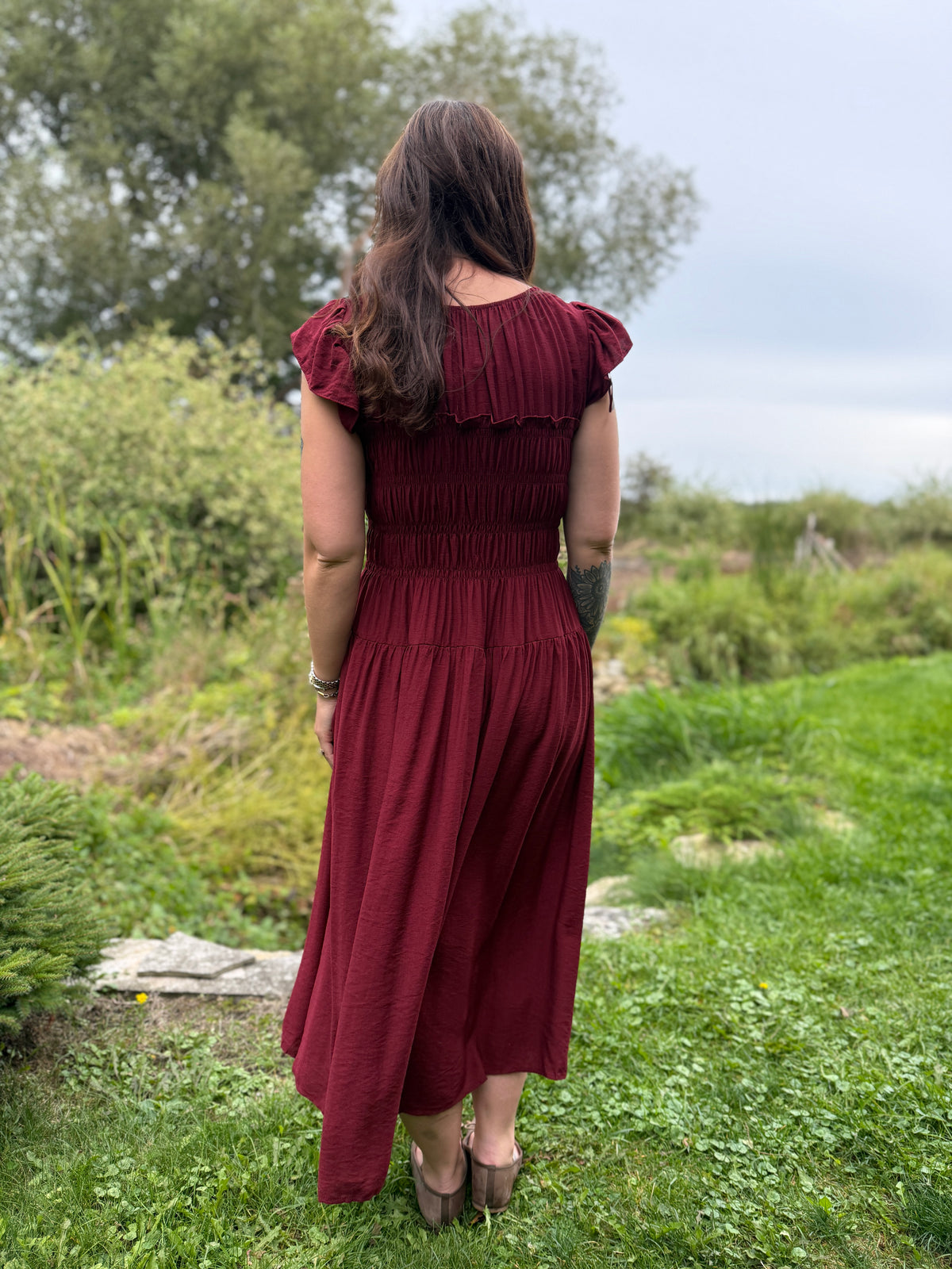Ruffle Sleeve Midi Dress Burgundy