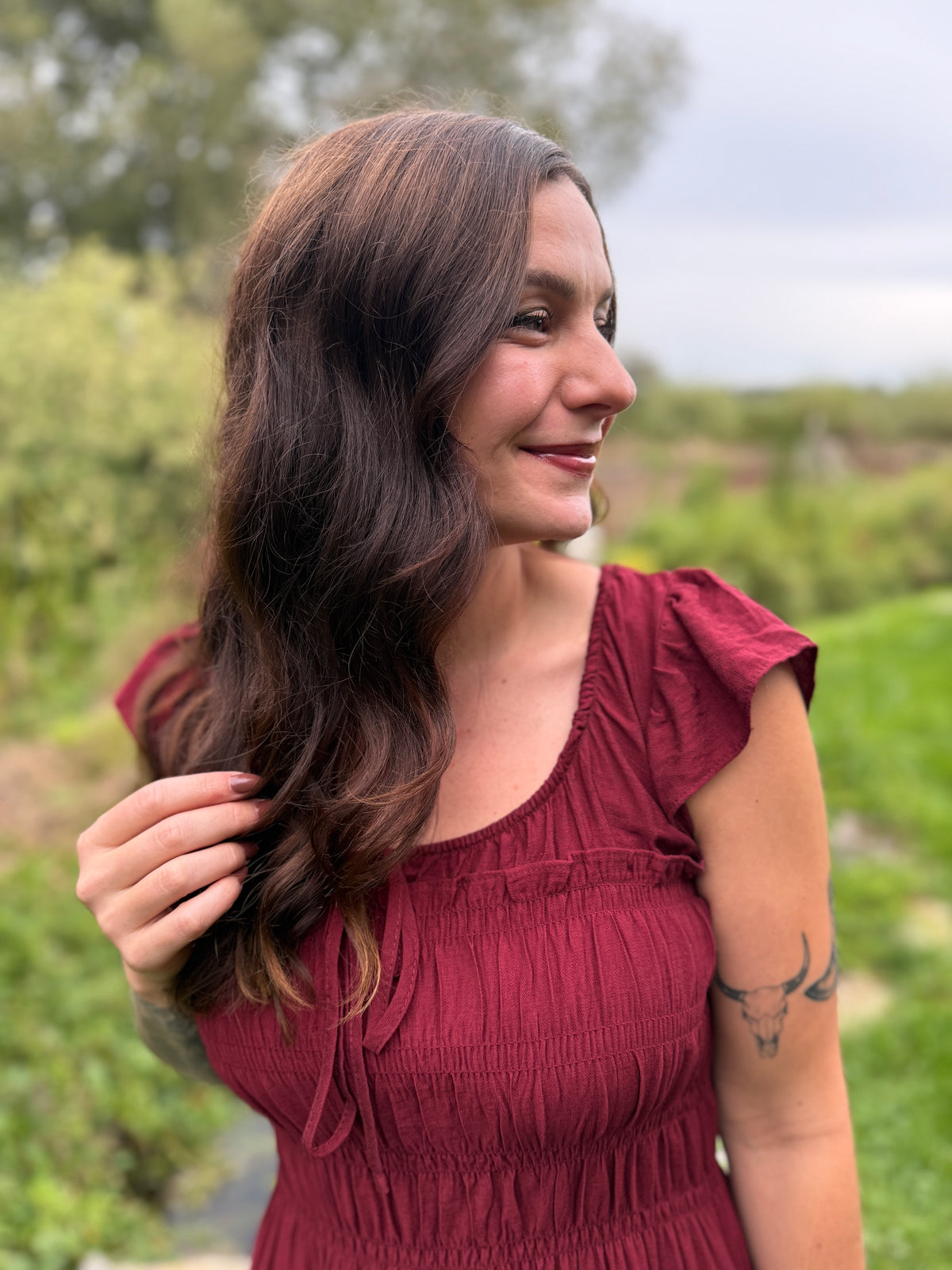 Ruffle Sleeve Midi Dress Burgundy