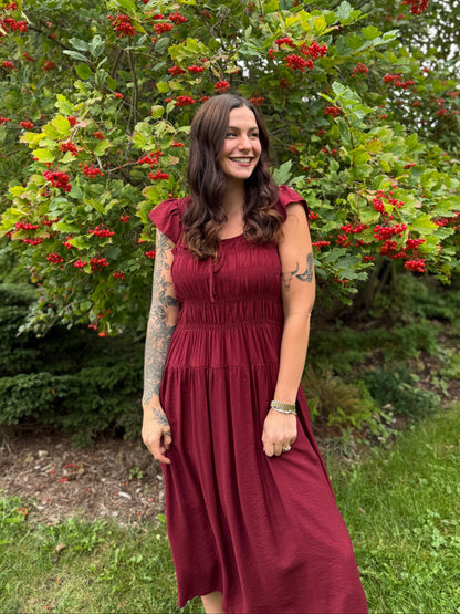 Ruffle Sleeve Midi Dress Burgundy