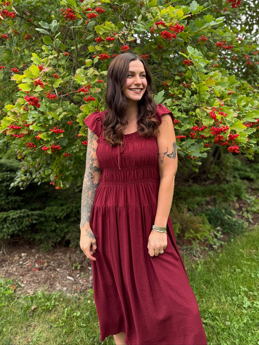 Ruffle Sleeve Midi Dress Burgundy