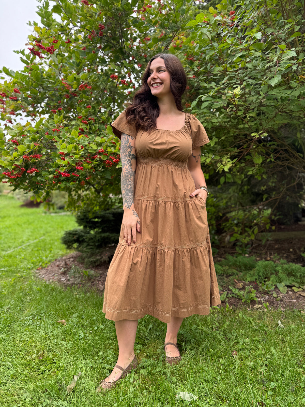 Smocked Waist Tiered Midi Dress Brown