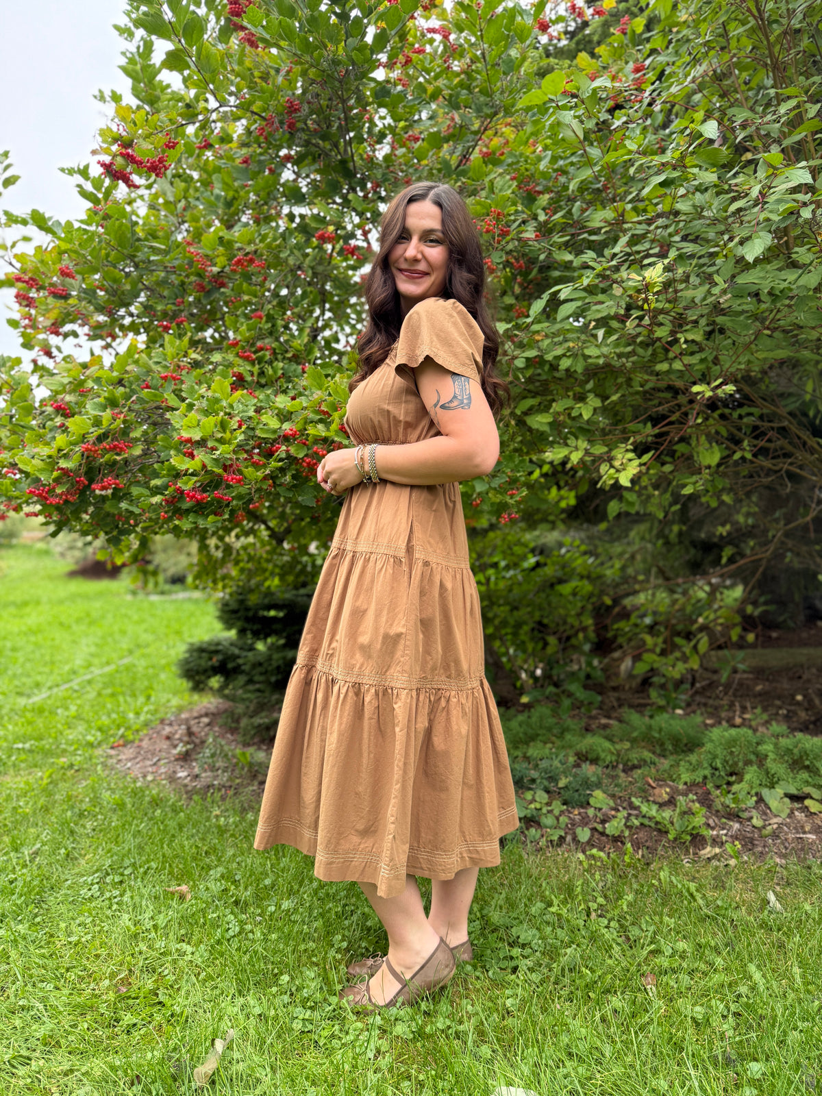 Smocked Waist Tiered Midi Dress Brown
