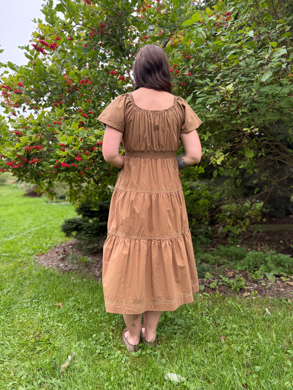 Smocked Waist Tiered Midi Dress Brown