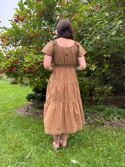 Smocked Waist Tiered Midi Dress Brown