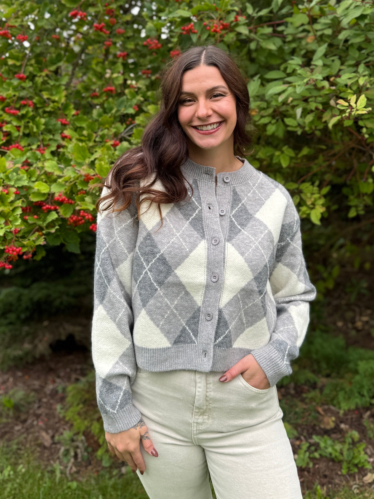Argyle Knit Cardigan Grey