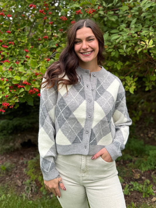 Argyle Knit Cardigan Grey