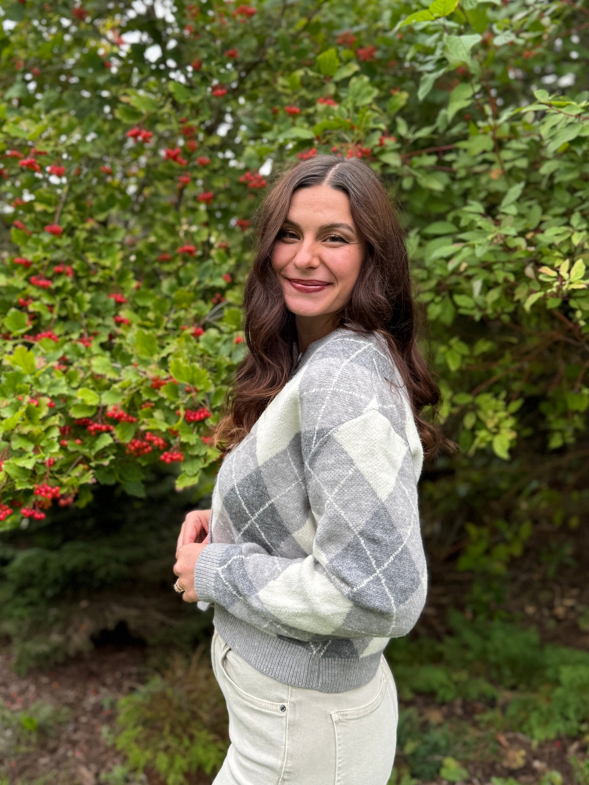 Argyle Knit Cardigan Grey
