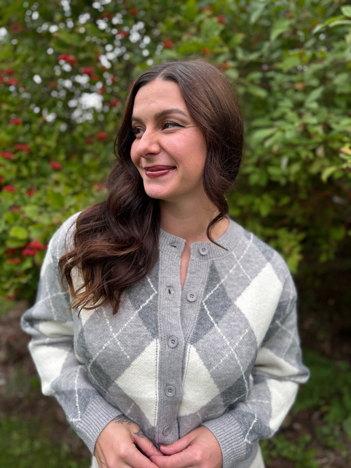Argyle Knit Cardigan Grey