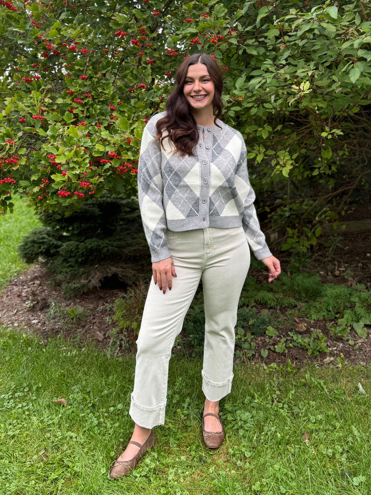 Argyle Knit Cardigan Grey