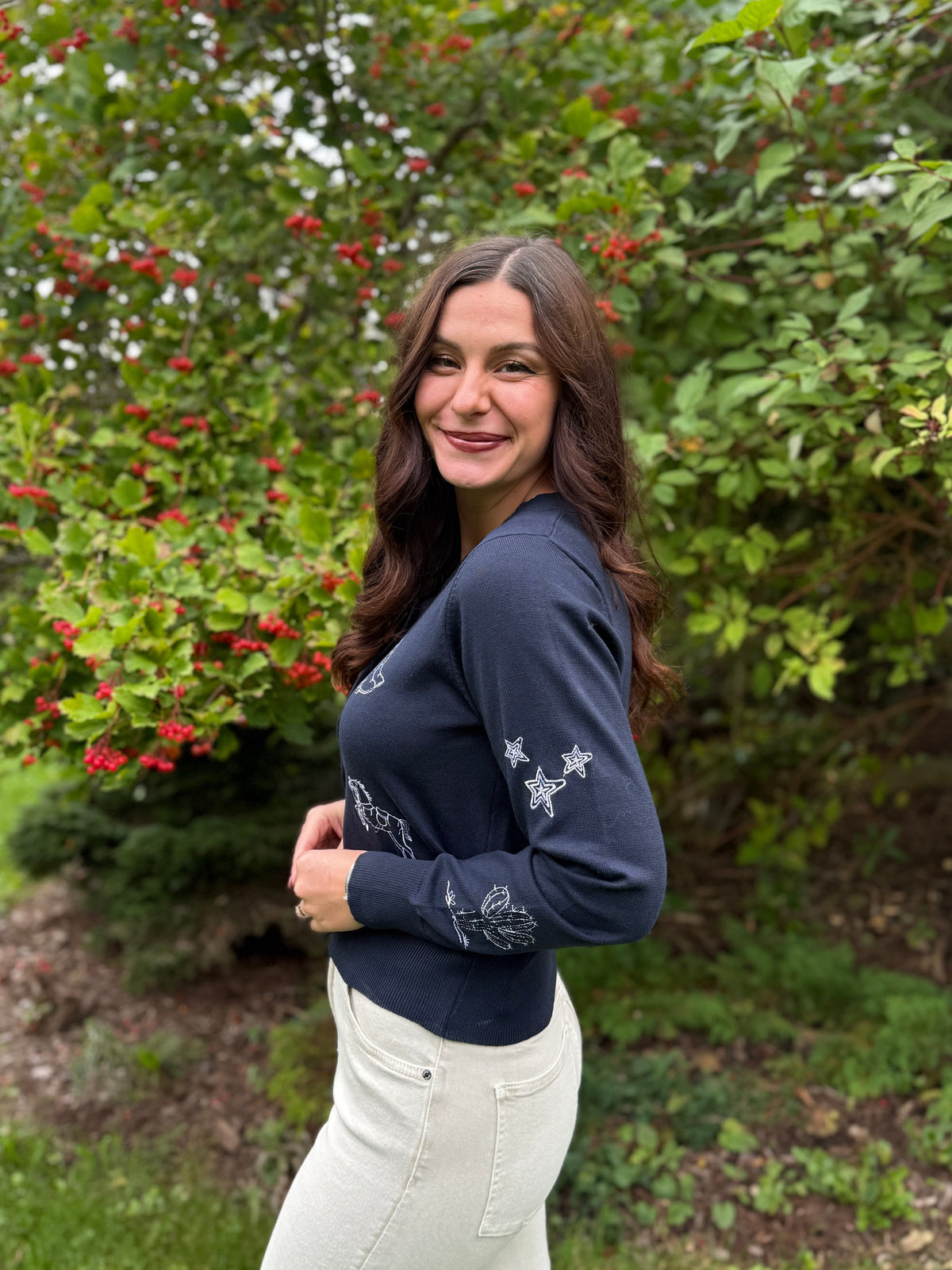 Embroidered Detail Cardigan Navy