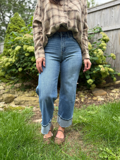 High Rise Cuffed Wide Leg Denim
