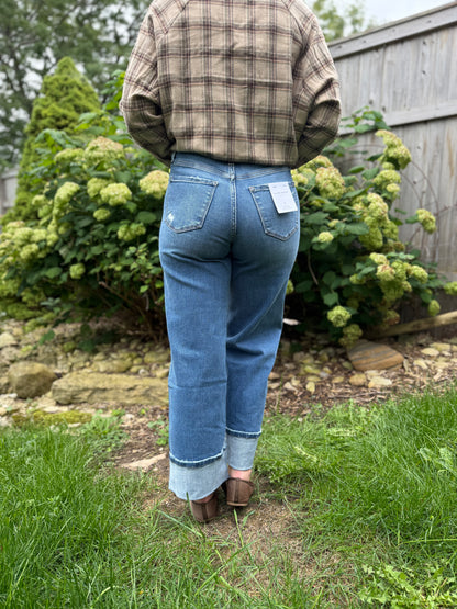High Rise Cuffed Wide Leg Denim