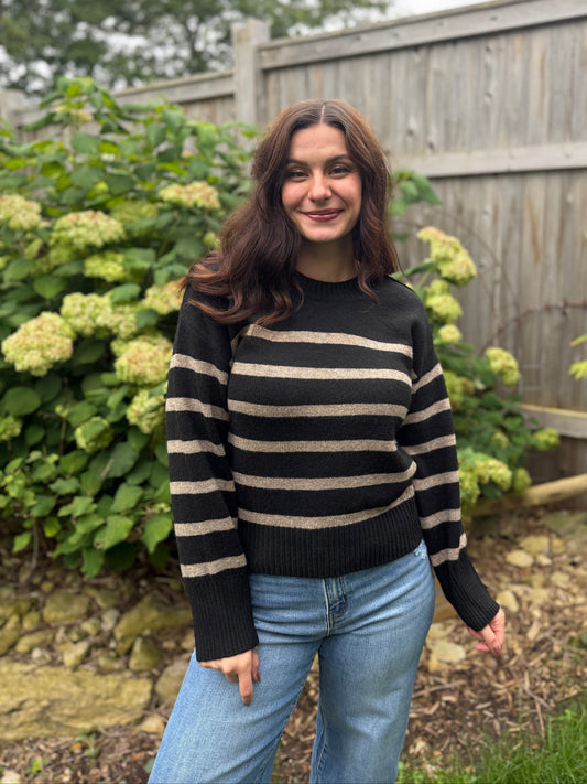 Boxy Stripe Button Sweater Black