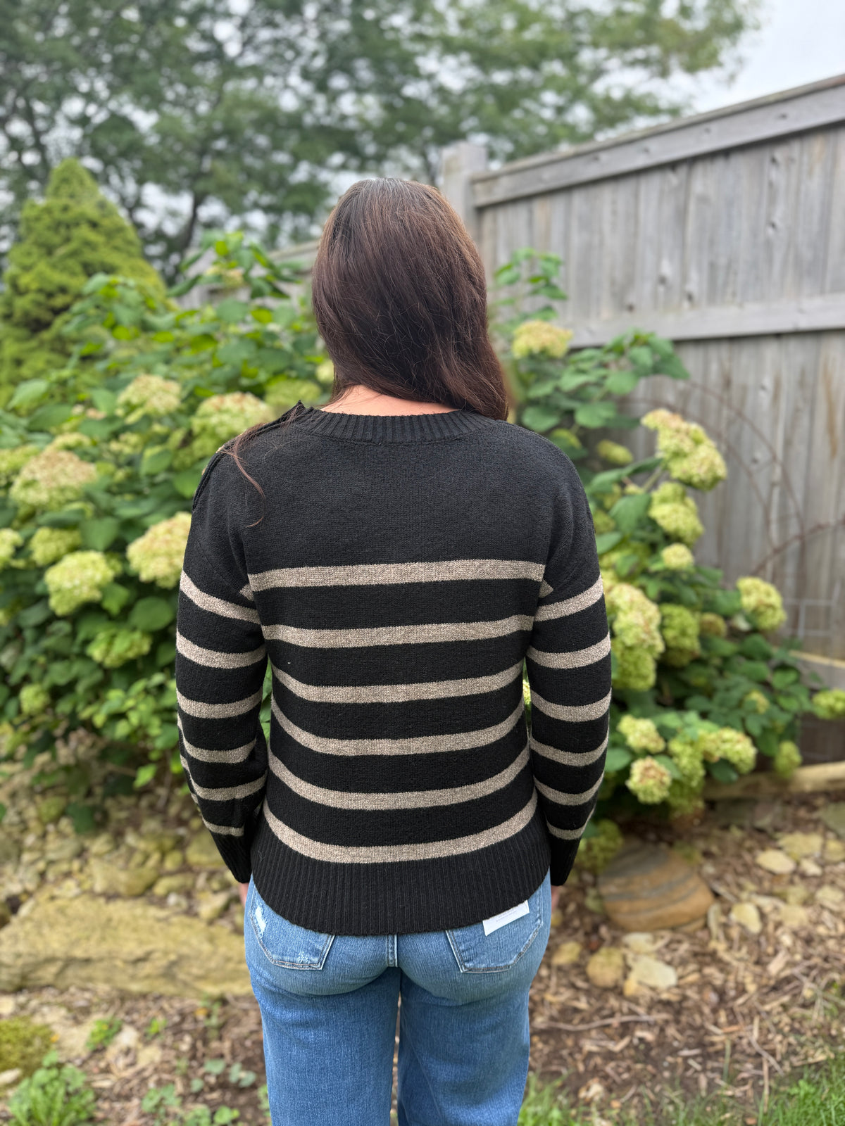 Boxy Stripe Button Sweater Black