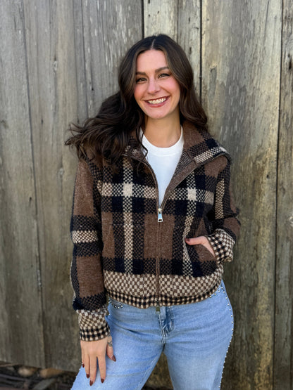 Checkered Fuzzy Sweater Jacket Brown