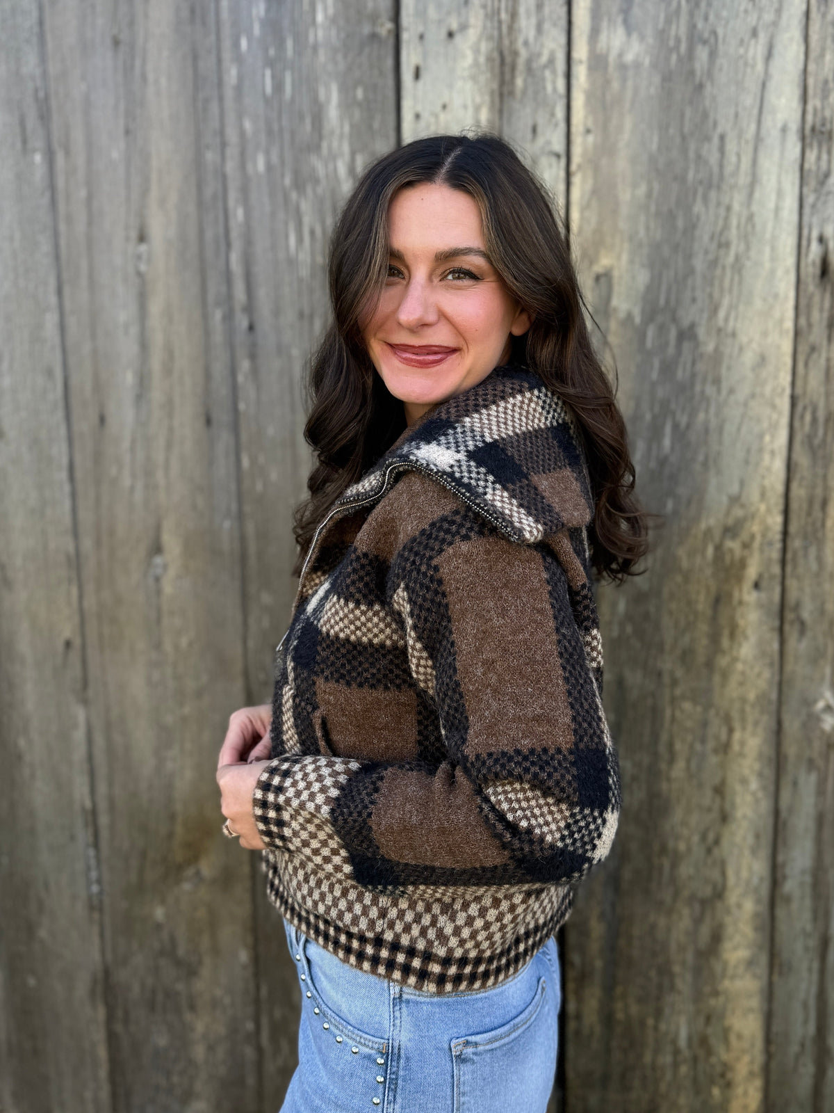 Checkered Fuzzy Sweater Jacket Brown