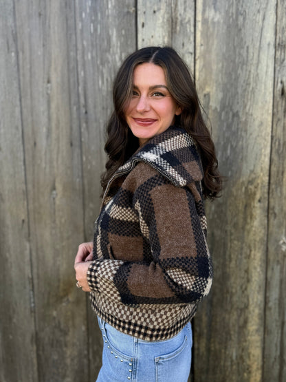 Checkered Fuzzy Sweater Jacket Brown