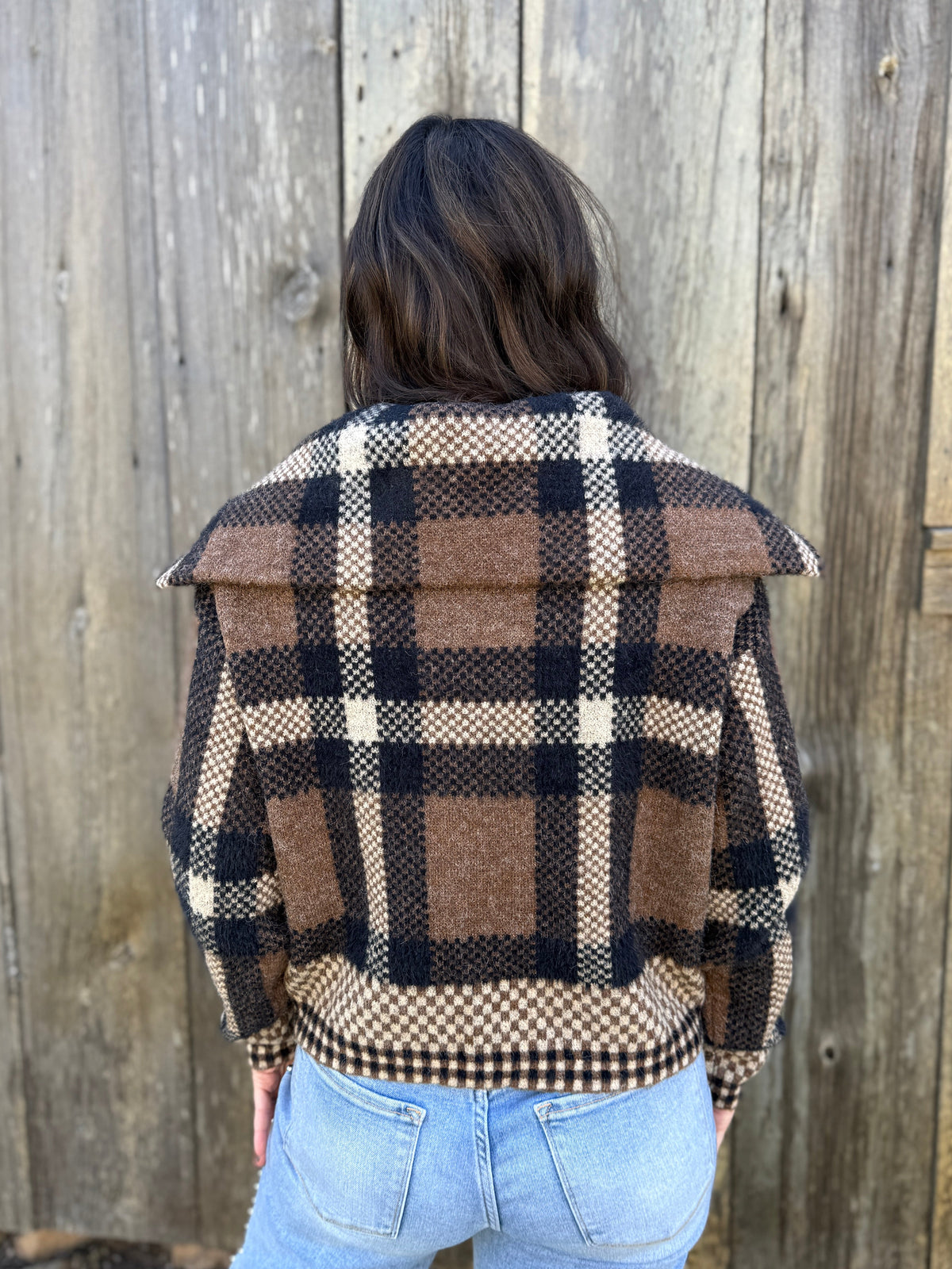 Checkered Fuzzy Sweater Jacket Brown