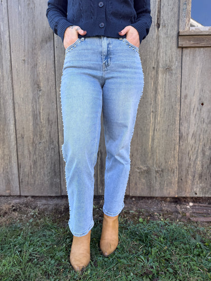 High Rise Studded Ankle Slim Wide Denim
