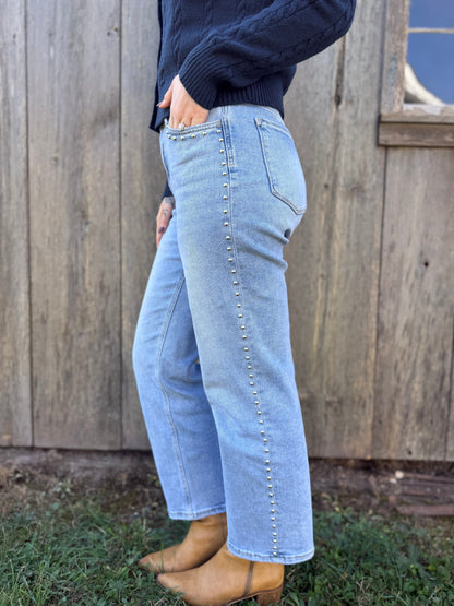 High Rise Studded Ankle Slim Wide Denim